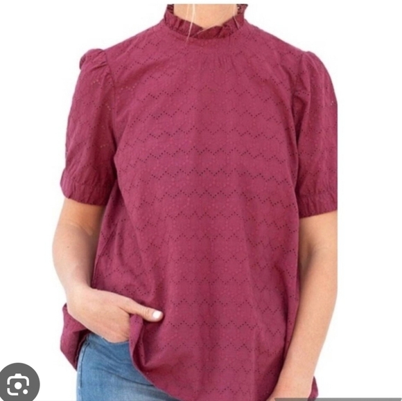 evy's tree Tops - Evy's Tree  The Lupita Plum High Neck Embroideredd Eyelet Top